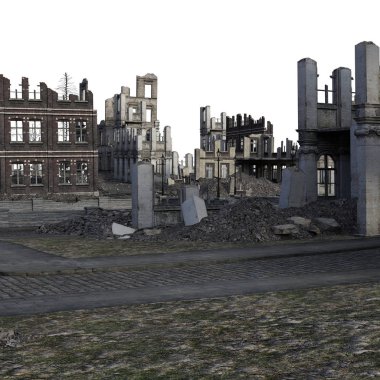3d Beyaz Arka Plan Savaşı'ndan sonra Harap Şehir Rendered - 3d İllüstrasyon