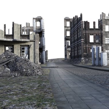 3d Beyaz Arka Plan Savaşı'ndan sonra Harap Şehir Rendered - 3d İllüstrasyon