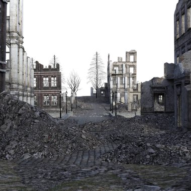 3d Beyaz Arka Plan Savaşı'ndan sonra Harap Şehir Rendered - 3d İllüstrasyon