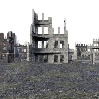 3d Beyaz Arka Plan Savaşı'ndan sonra Harap Şehir Rendered - 3d İllüstrasyon