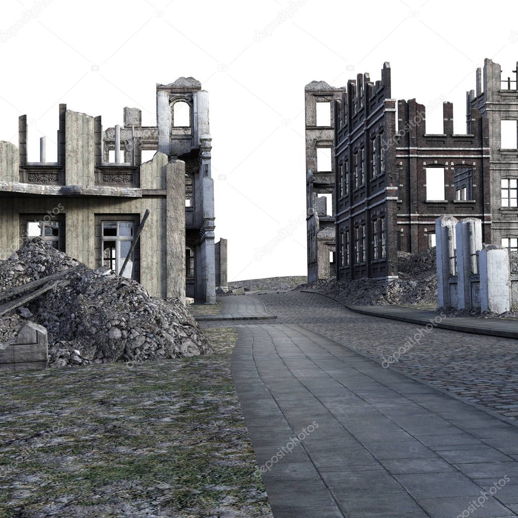 3D Rendered Ruined City After War on White Background - 3D Illustration