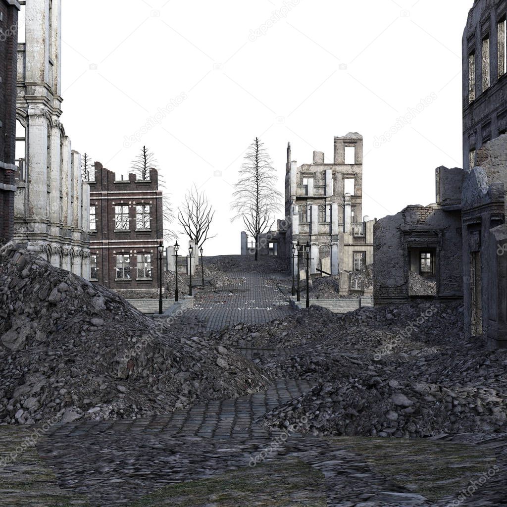 3D Rendered Ruined City After War on White Background - 3D Illustration