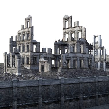 3d Beyaz Arka Plan Savaşı'ndan sonra Harap Şehir Rendered - 3d İllüstrasyon