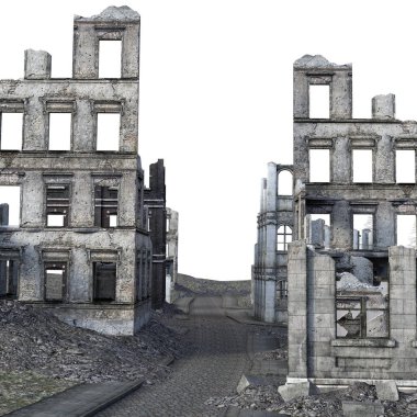 3d Beyaz Arka Plan Savaşı'ndan sonra Harap Şehir Rendered - 3d İllüstrasyon