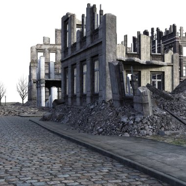 3d Beyaz Arka Plan Savaşı'ndan sonra Harap Şehir Rendered - 3d İllüstrasyon