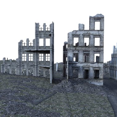 3d Beyaz Arka Plan Savaşı'ndan sonra Harap Şehir Rendered - 3d İllüstrasyon