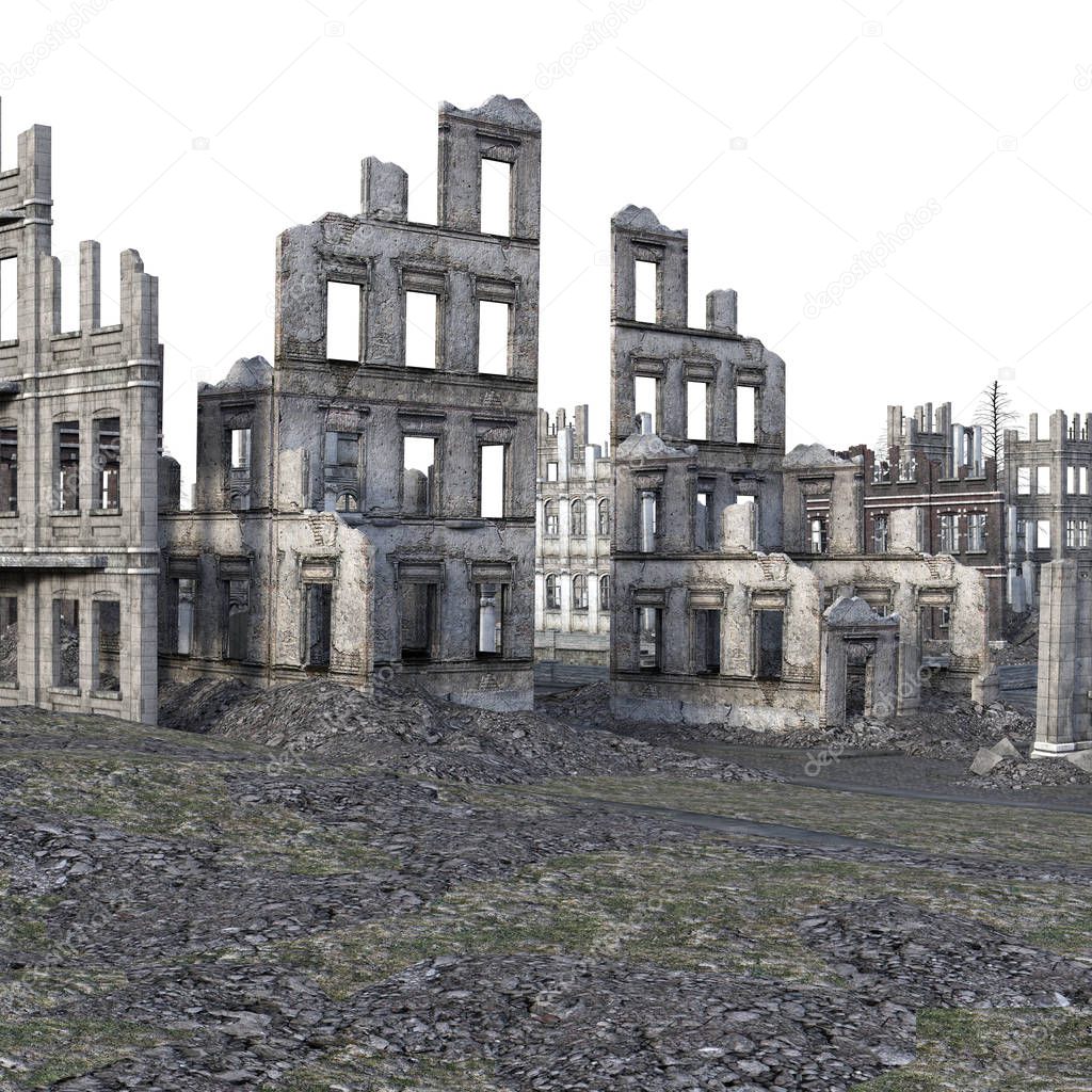 3D Rendered Ruined City After War on White Background - 3D Illustration