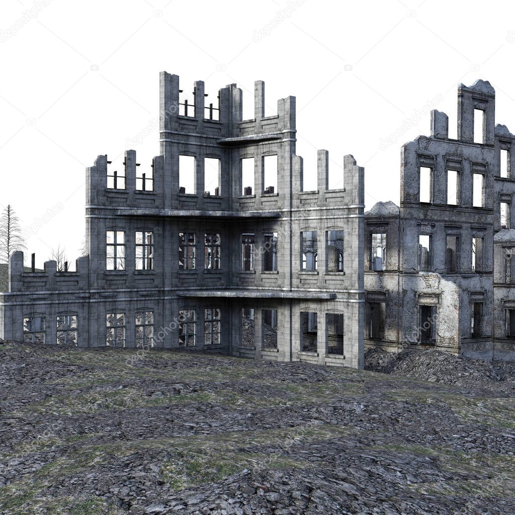 3D Rendered Ruined City After War on White Background - 3D Illustration