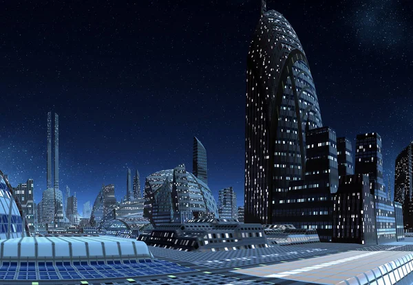 Renderizado Futuristic City Skyline Ilustração — Fotografia de Stock