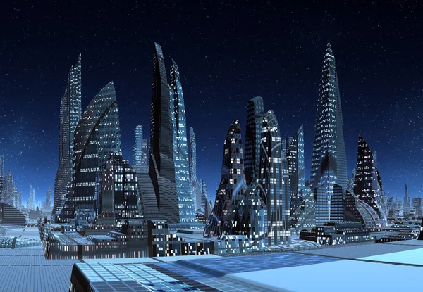 Renderowane Futurystyczny Miasto Skyline Ilustracja — Zdjęcie stockowe