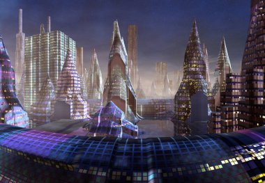 Bir Uzaylı Gezegeni 'nde 3D Oluşturulmuş Gelecekçi Şehir - 3D Görüntü