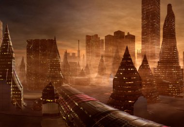 Bir Uzaylı Gezegeni 'nde 3D Oluşturulmuş Gelecekçi Şehir - 3D Görüntü