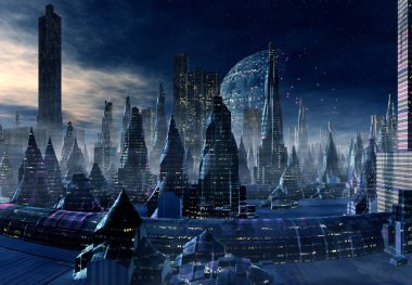 Bir Uzaylı Gezegeni 'nde 3D Oluşturulmuş Gelecekçi Şehir - 3D Görüntü