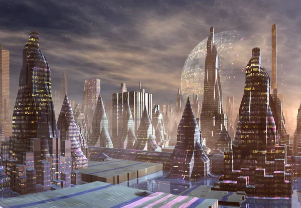 Vykreslené Futuristické Město Mimozemské Planetě Ilustrace — Stock fotografie