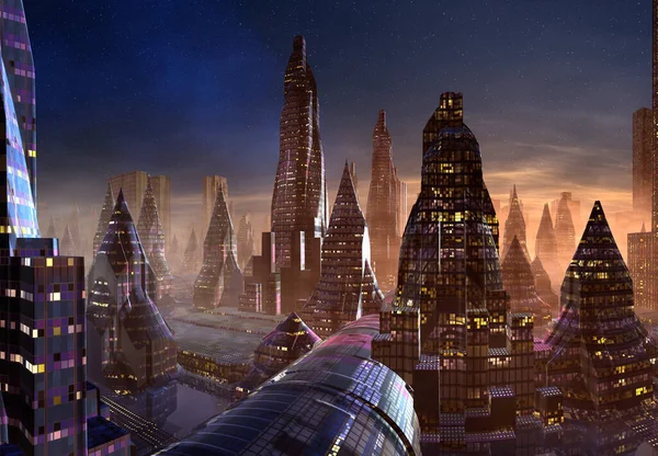 Cité Futuriste Rendue Sur Une Planète Extraterrestre Illustration — Photo