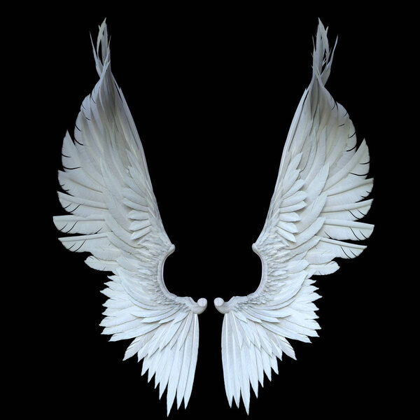 3D Rendered White Fantasy Angel Wings Isolated On Black Background - 3D Illustration