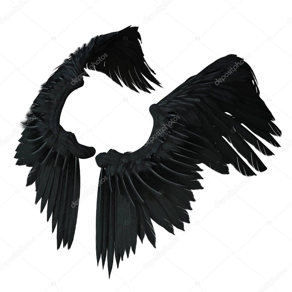 3D Rendered Black Fantasy Angel Wings Isolated On White Background - 3D Illustration