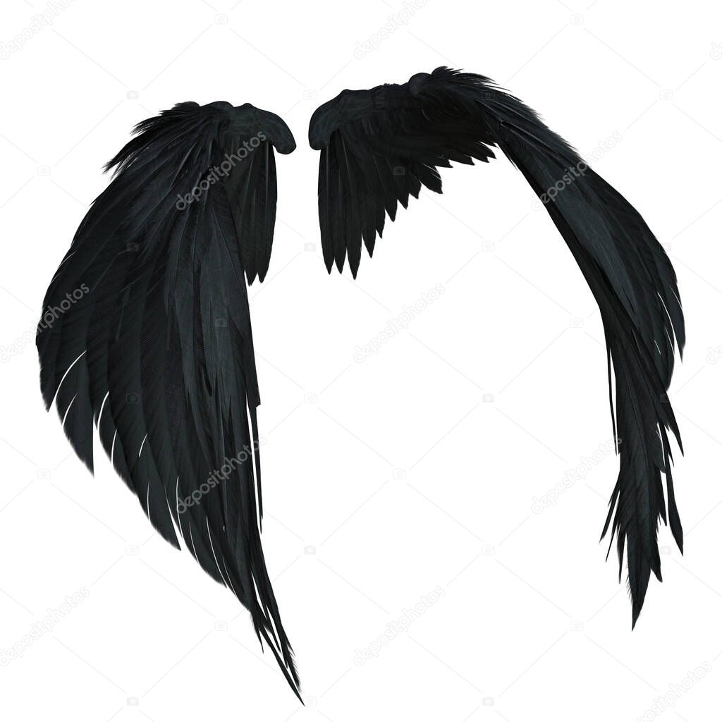 3D Rendered Black Fantasy Angel Wings Isolated On White Background - 3D Illustration