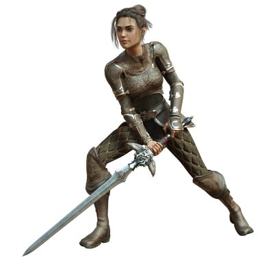 3 Boyutlu Kadın Savaşçı Beyaz Arkaplanda Kılıçla Savaşıyor - 3 Boyutlu Resimler