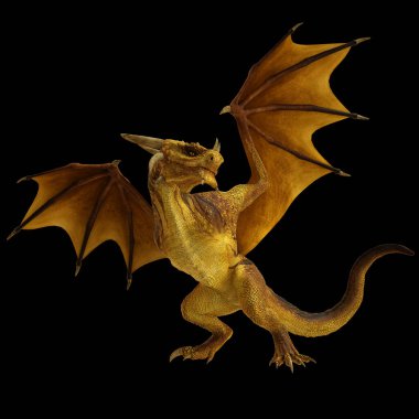 3D Hazırlanmış Altın Wyvern - Siyah Arkaplanda İzole Edilmiş Bir İki Ayaklı Ejderha - 3D İllüstrasyon