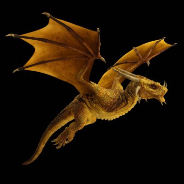 3D Hazırlanmış Altın Wyvern - Siyah Arkaplanda İzole Edilmiş Bir İki Ayaklı Ejderha - 3D İllüstrasyon