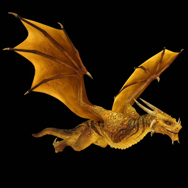 3Dレンダリングされた黄金のワイバーン 黒の背景に隔離された二足歩行のドラゴン 3Dイラスト — ストック写真