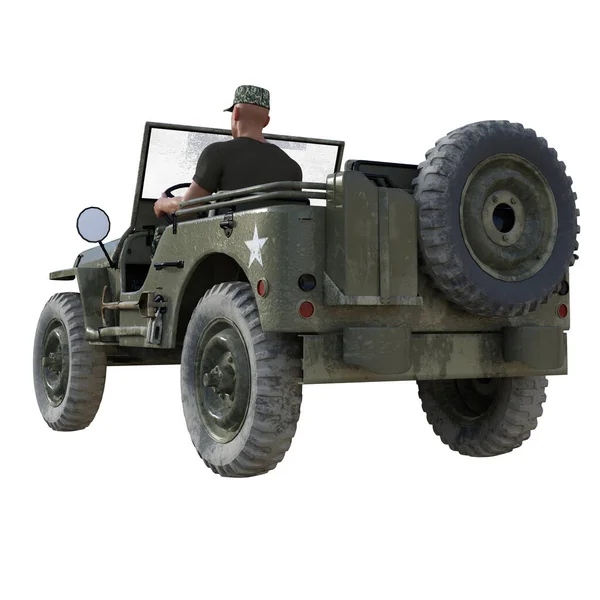 Gerenderter Soldat Steuer Eines Militärfahrzeugs Auf Weißem Hintergrund Illustration — Stockfoto