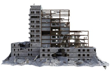 3 Boyutlu Mahvolmuş Modern Bina Beyaz Arkaplanda İzole Edildi - 3B İllüstrasyon