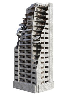 3 Boyutlu Mahvolmuş Modern Bina Beyaz Arkaplanda İzole Edildi - 3B İllüstrasyon