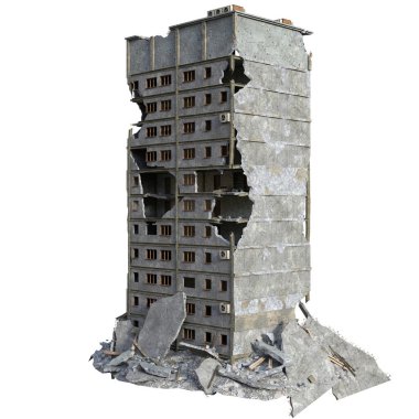 3 Boyutlu Mahvolmuş Modern Bina Beyaz Arkaplanda İzole Edildi - 3B İllüstrasyon
