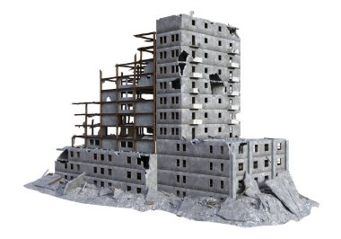 3 Boyutlu Mahvolmuş Modern Bina Beyaz Arkaplanda İzole Edildi - 3B İllüstrasyon