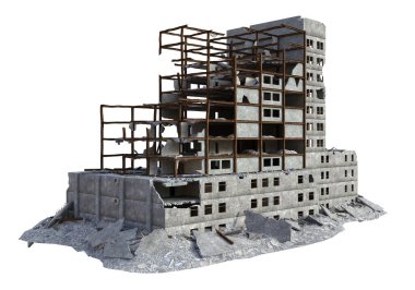 3 Boyutlu Mahvolmuş Modern Bina Beyaz Arkaplanda İzole Edildi - 3B İllüstrasyon