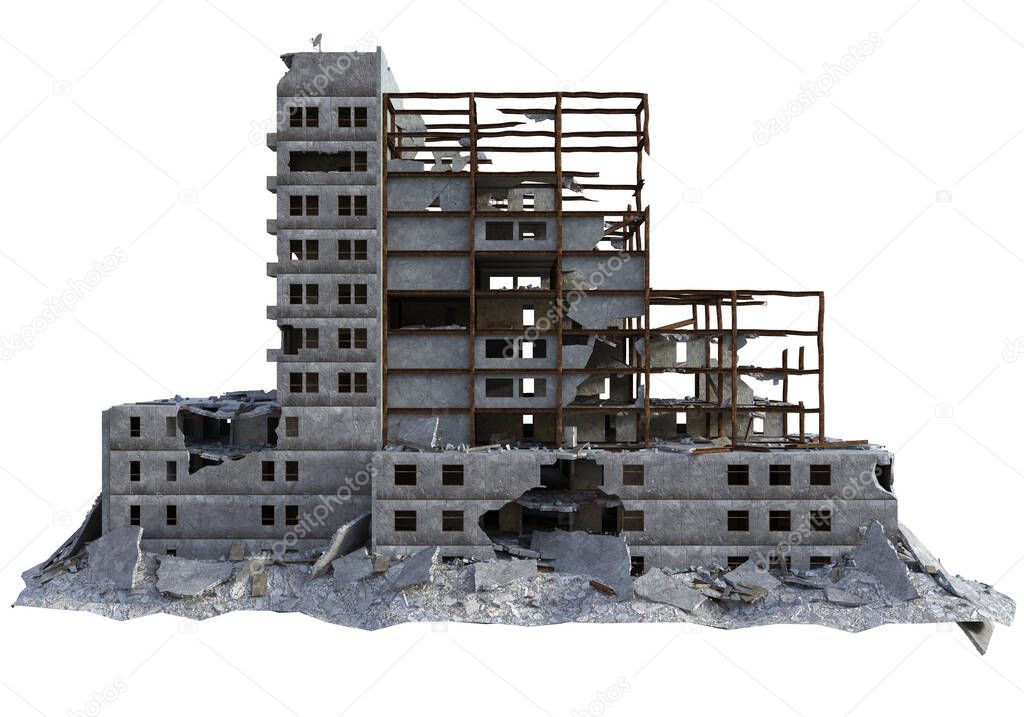 3D Rendered Ruined Modern Building Isolated On White Background  - 3D Illustration