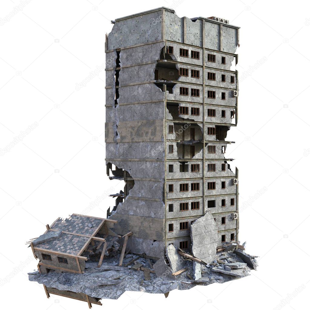 3D Rendered Ruined Modern Building Isolated On White Background  - 3D Illustration