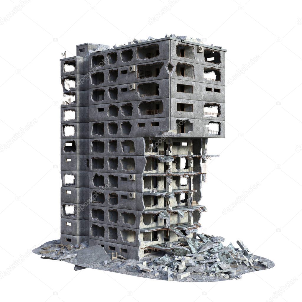3D Rendered Ruined Modern Building Isolated On White Background  - 3D Illustration