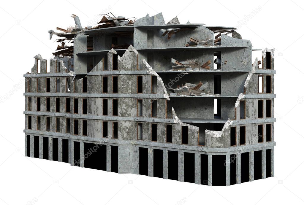 3D Rendered Ruined Modern Building Isolated On White Background  - 3D Illustration