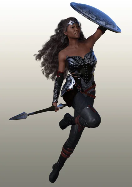 Gerenderte Afroamerikanische Kriegerin Die Mit Speer Und Schild Kämpft Illustration — Stockfoto