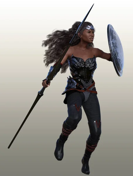 3Dレンダリング女性アフリカ系アメリカ人戦士槍と盾で戦う 3Dイラスト 3Dイラスト — ストック写真