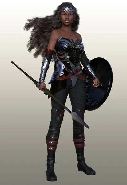 Film Female African American Warrior Fighting Spear Shield Illustration Stok Foto