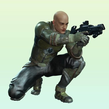 3D Çağdaş Silahla Savaşan Gelecekçi Asker Erkek: 3D Görüntü