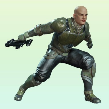 3D Çağdaş Silahla Savaşan Gelecekçi Asker Erkek: 3D Görüntü