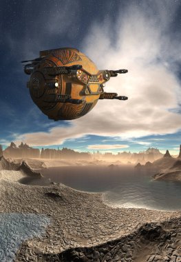 3D Yapılandırılmış Fantezi İnsansız Hava Aracı Uzaylı Arazisi Üzerinde Uçuyor - 3D İllüstrasyon