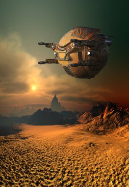 3D Yapılandırılmış Fantezi İnsansız Hava Aracı Uzaylı Arazisi Üzerinde Uçuyor - 3D İllüstrasyon