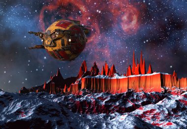 3D Yapılandırılmış Fantezi İnsansız Hava Aracı Uzaylı Arazisi Üzerinde Uçuyor - 3D İllüstrasyon