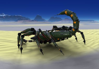 3D Yapılandırılmış Gelecekçi Mekanik Robot Akrep Fantezi Arazisinde Yürüyor - 3D Görüntü
