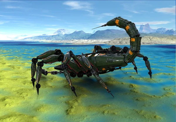 Scorpione Robot Meccanico Futuristico Reso Che Cammina Sul Paesaggio Fantasy — Foto Stock