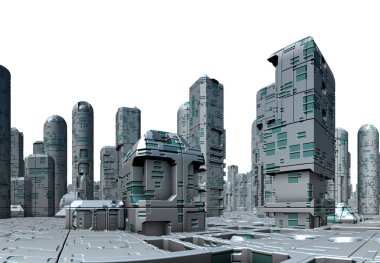 Beyaz Arkaplanda 3D Yapılandırılmış Geleceğe dönük Şehir - 3D Görüntü