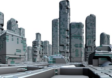 Beyaz Arkaplanda 3D Yapılandırılmış Geleceğe dönük Şehir - 3D Görüntü