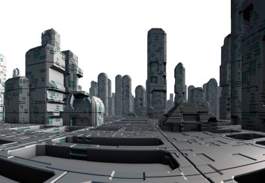 Beyaz Arkaplanda 3D Yapılandırılmış Geleceğe dönük Şehir - 3D Görüntü