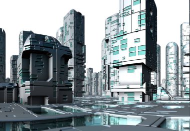 Beyaz Arkaplanda 3D Yapılandırılmış Geleceğe dönük Şehir - 3D Görüntü